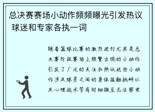 总决赛赛场小动作频频曝光引发热议 球迷和专家各执一词